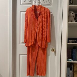 Vibrant Orange Pleated Shirt and Pant Set